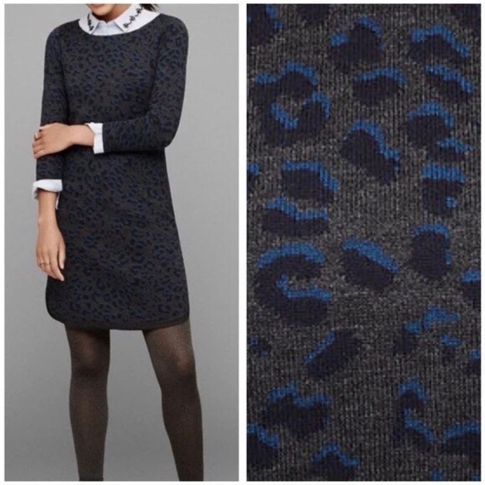 LOFT Grey and Blue Leopard print Sweater Dress - Picture 3 of 12